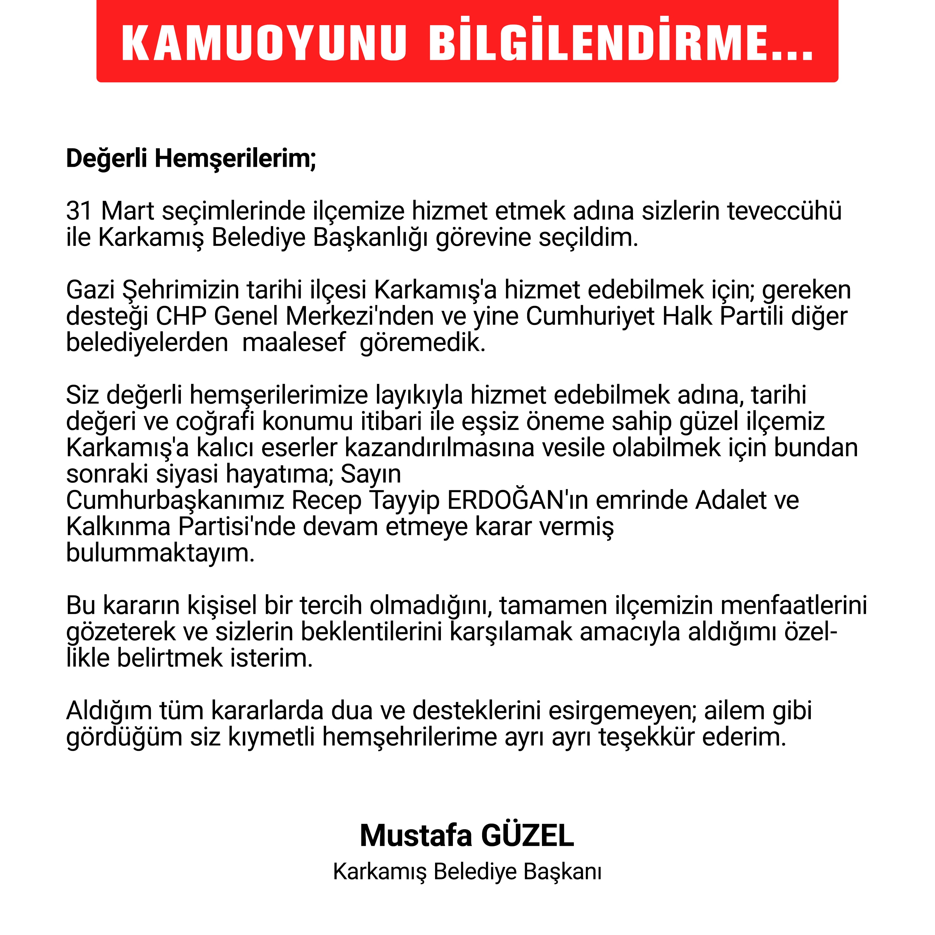 CHP'li Belediye Başkanı Mustafa Güzel, AKP'ye Katılacağını Duyurdu