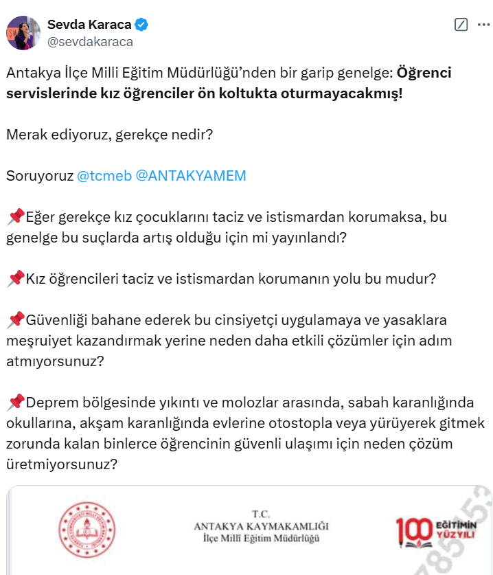 MEB'den Kız Öğrencilere Özel Koltuk Yasağına Tepki