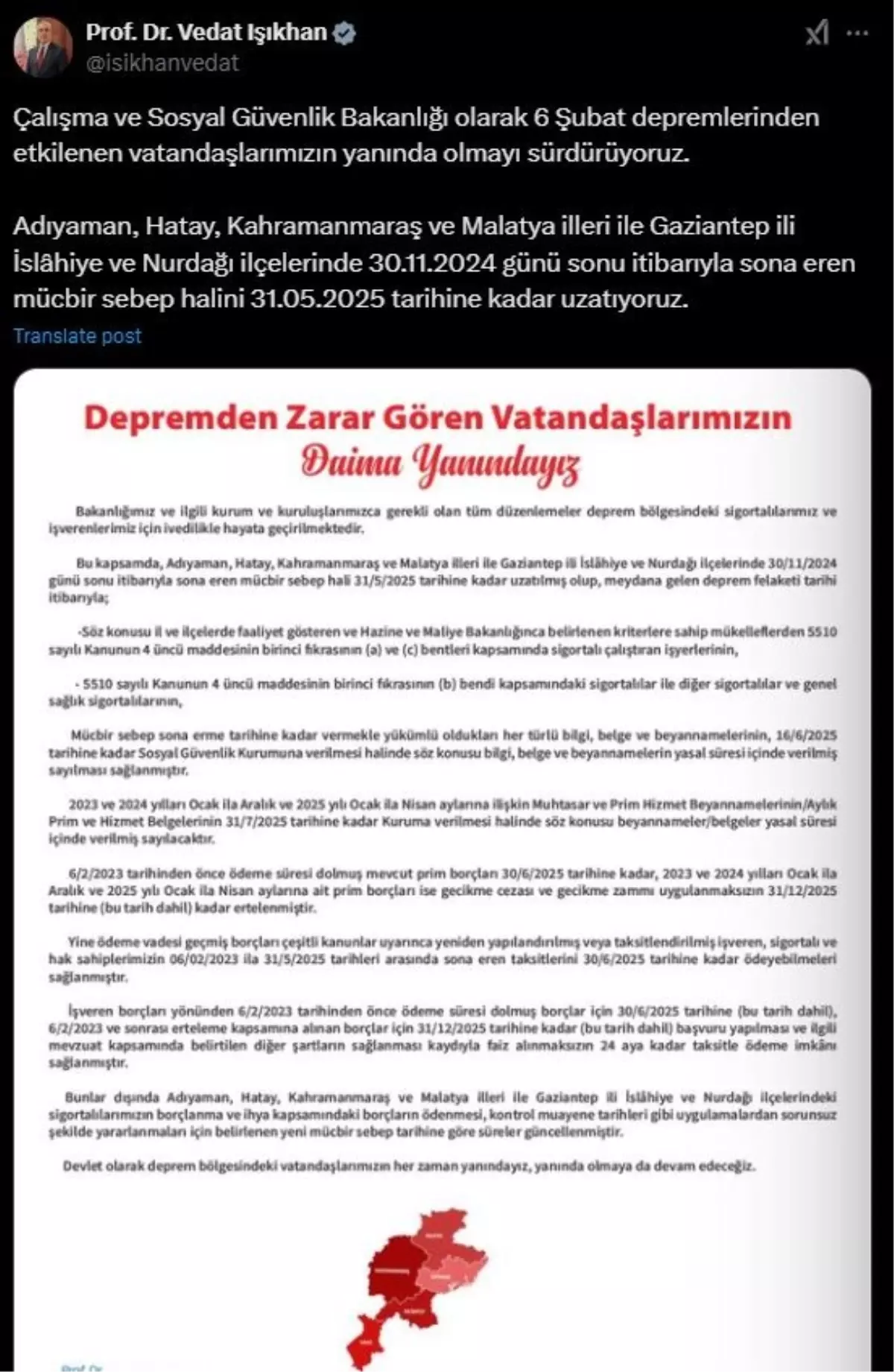 Deprem Bölgesinde Mücbir Sebep Süresi 31 Mayıs 2025'e Uzatıldı