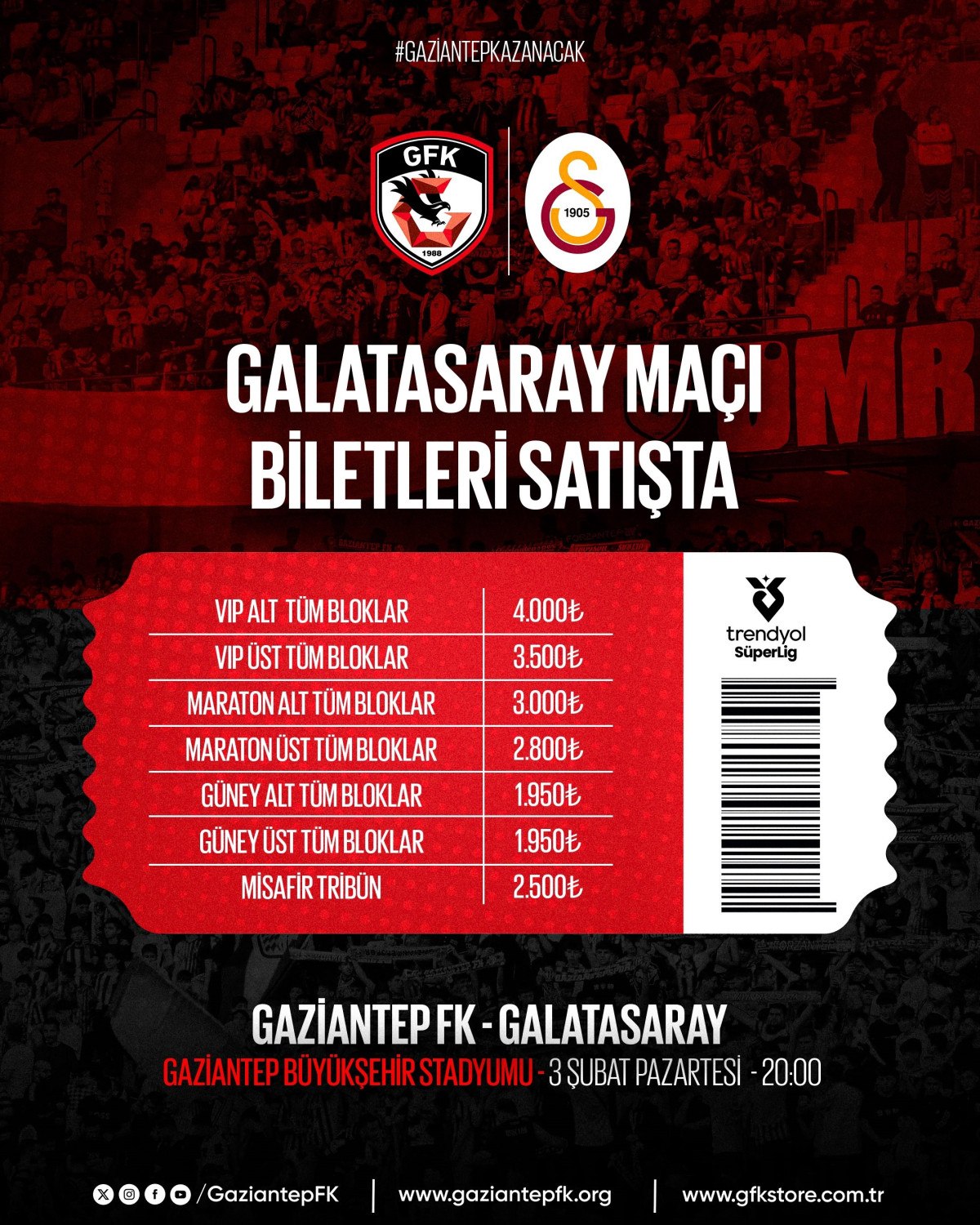 Gaziantep FK - Galatasaray Maçı Biletleri Satışa Çıktı