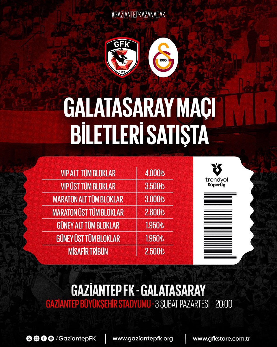 Gaziantep FK-Galatasaray Maçının Biletleri Satışta