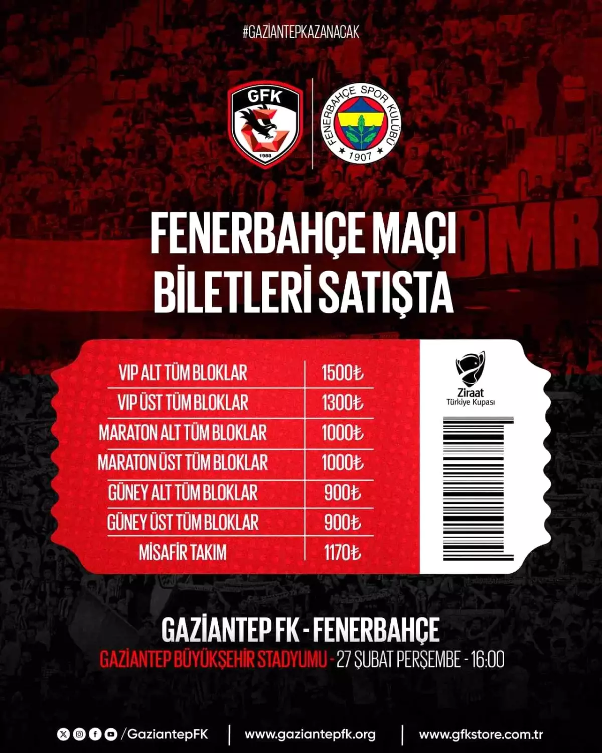 Gaziantep FK - Fenerbahçe Maç Biletleri Satışa Çıktı