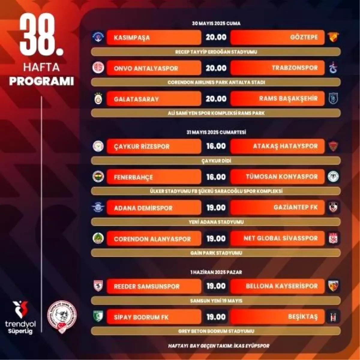 Süper Lig 38. Hafta Programı Açıklandı