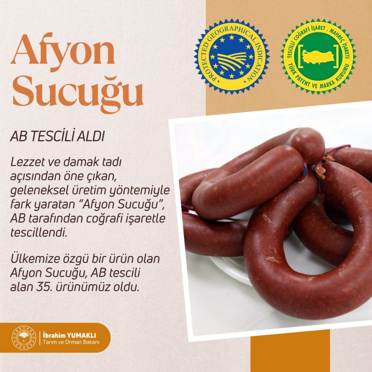 Afyon sucuğu, AB coğrafi işaret tescili aldı