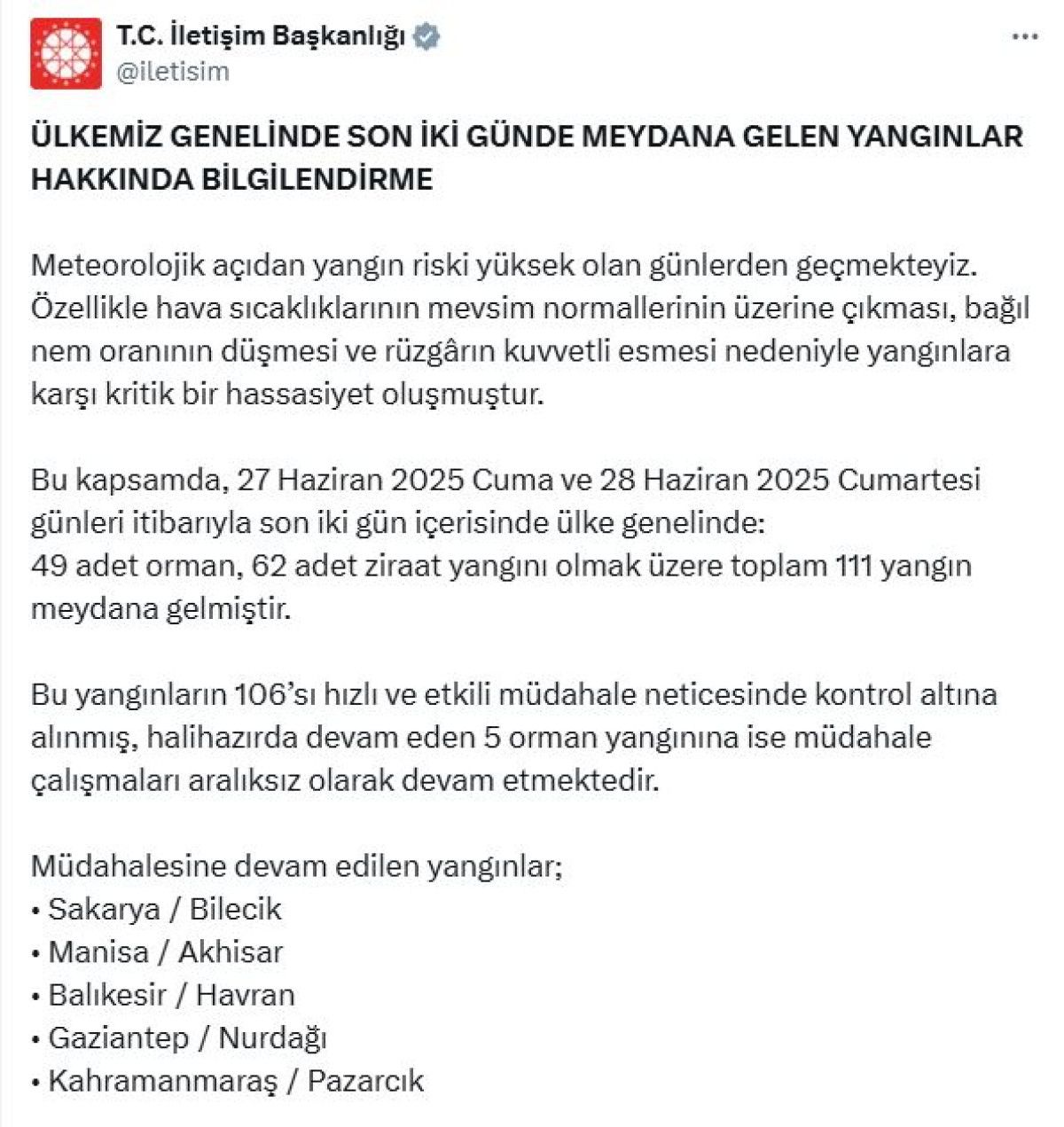 İletişim Başkanlığı'ndan ülke genelinde meydana gelen yangınlar hakkında bilgilendirme