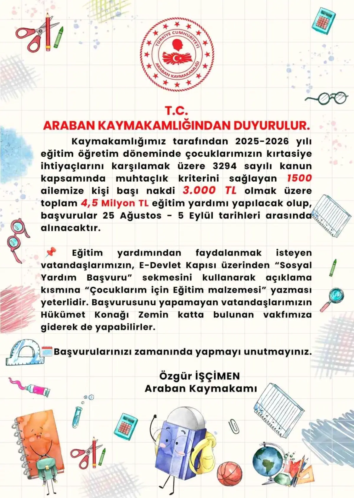 Araban'da Eğitim İçin 3 Bin TL Yardım