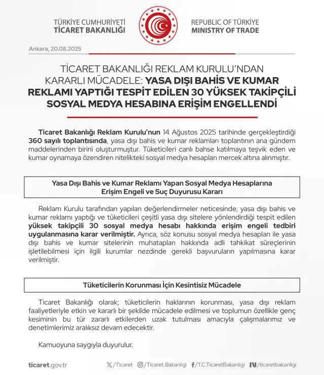 Yasa dışı bahis reklamı yapan 30 sosyal medya hesabına erişim engellendi