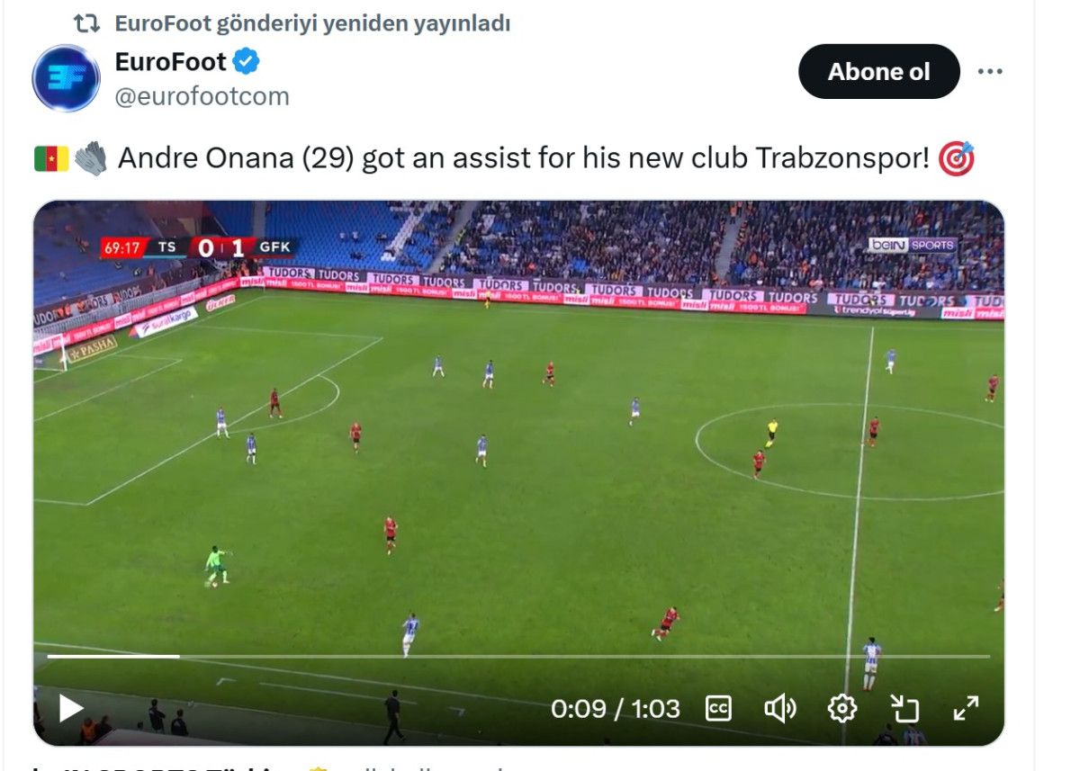 Andre Onana’nın Trabzonspor’daki 60 Metrelik Asisti Avrupa’da Büyük Yankı Uyandırdı