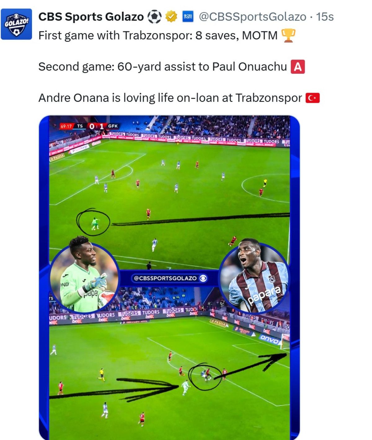 Andre Onana’nın Trabzonspor’daki 60 Metrelik Asisti Avrupa’da Büyük Yankı Uyandırdı