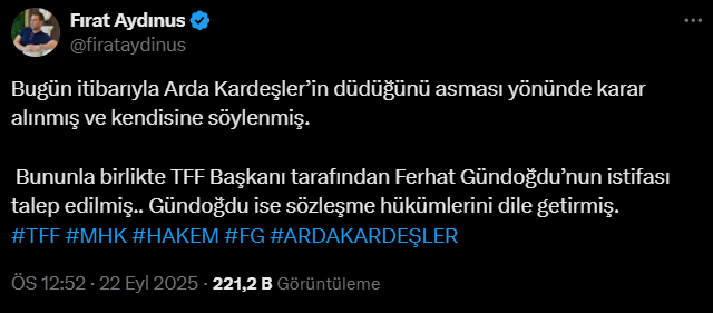 Fırat Aydınus'tan MHK Başkanı ve Arda Kardeşler İçin Şok İddialar