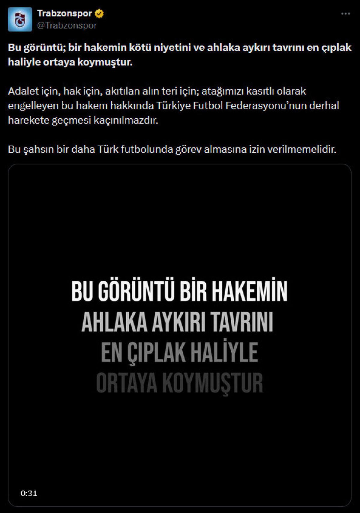 Trabzonspor'dan Gaziantep FK maçı sonrası hakeme tepki