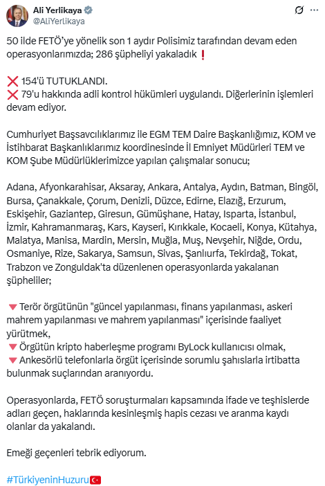 50 İlde FETÖ Operasyonu: 286 Şüpheli Yakalandı