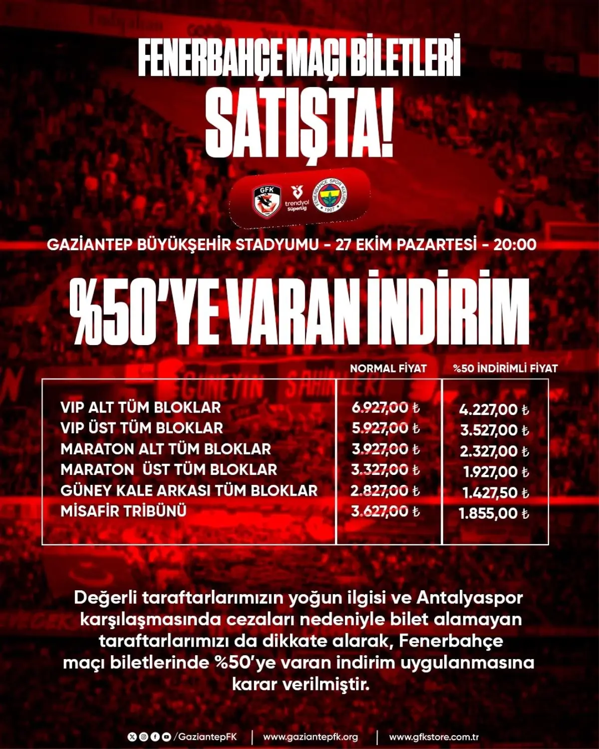 Gaziantep Futbol Kulübü, Fenerbahçe Maçı Biletlerinde %50 İndirim Kararı Aldı