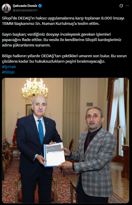 HÜDA PAR'lı Demir, DEDAŞ'a karşı toplanan imzaları Kurtulmuş'a teslim etti