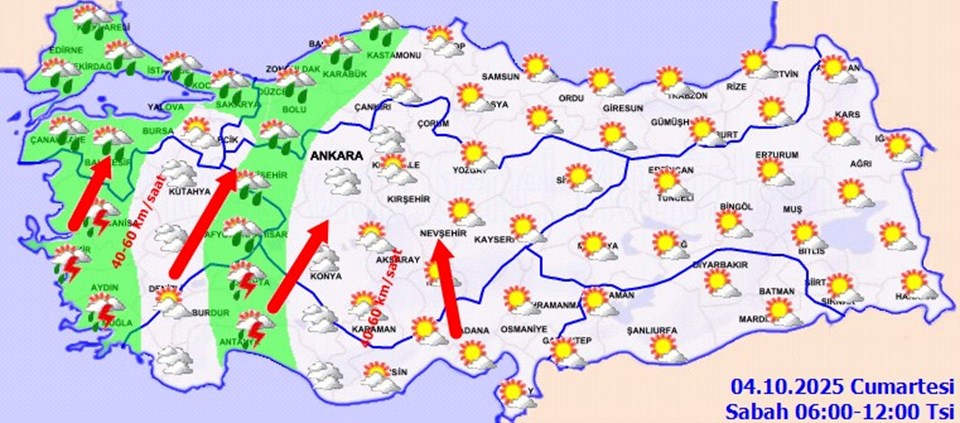 Meteoroloji Genel Müdürlüğü Uyarıyor: Yurdun Batısında Sağanak ve Fırtına Bekleniyor