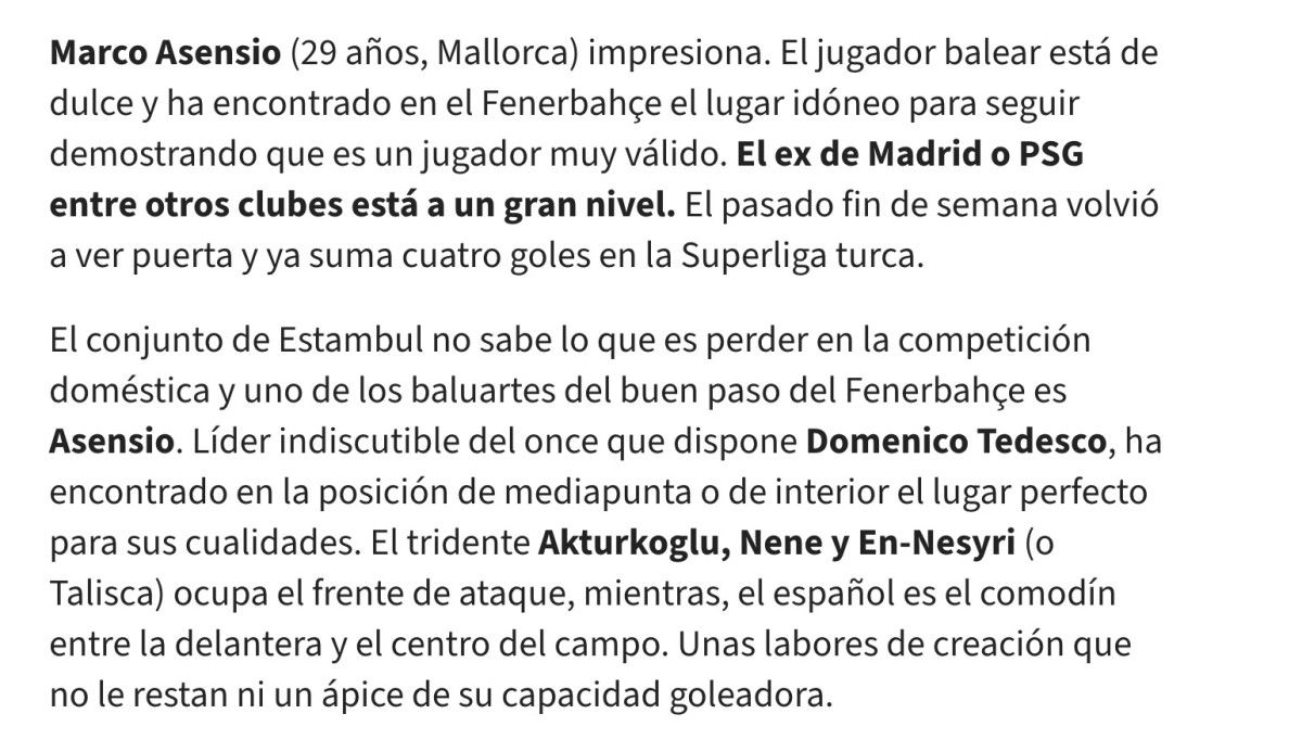 Marco Asensio'nun Fenerbahçe Performansı İspanya'da Gündem Yarattı