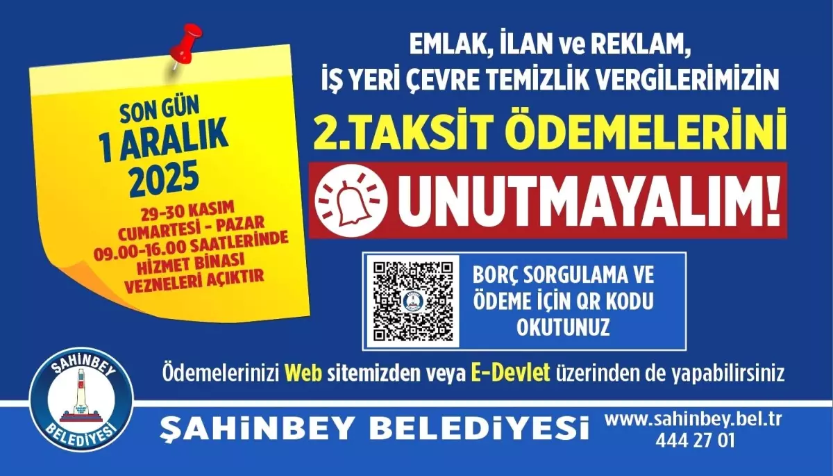 Şahinbey Belediyesi'nden Emlak Vergisi Ödemeleri İçin Son Gün Uyarısı