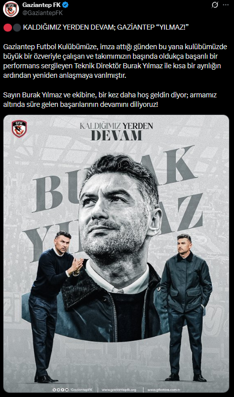 Teknik Direktör Burak Yılmaz, Gaziantep FK'ya Yeniden Katıldı