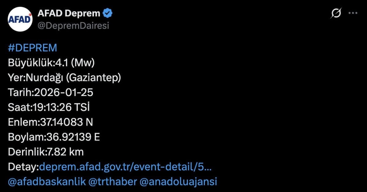 Gaziantep'te Nurdağı İlçesinde Meydana Gelen 4.1 Büyüklüğündeki Deprem