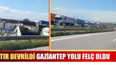Gaziantep otoyol kaza - Gaziantep Otoyolu'nda TIR devrildi, trafik felç oldu